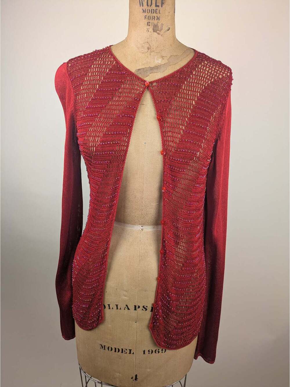 y2k tomato red crochet sequin silk cardigan
